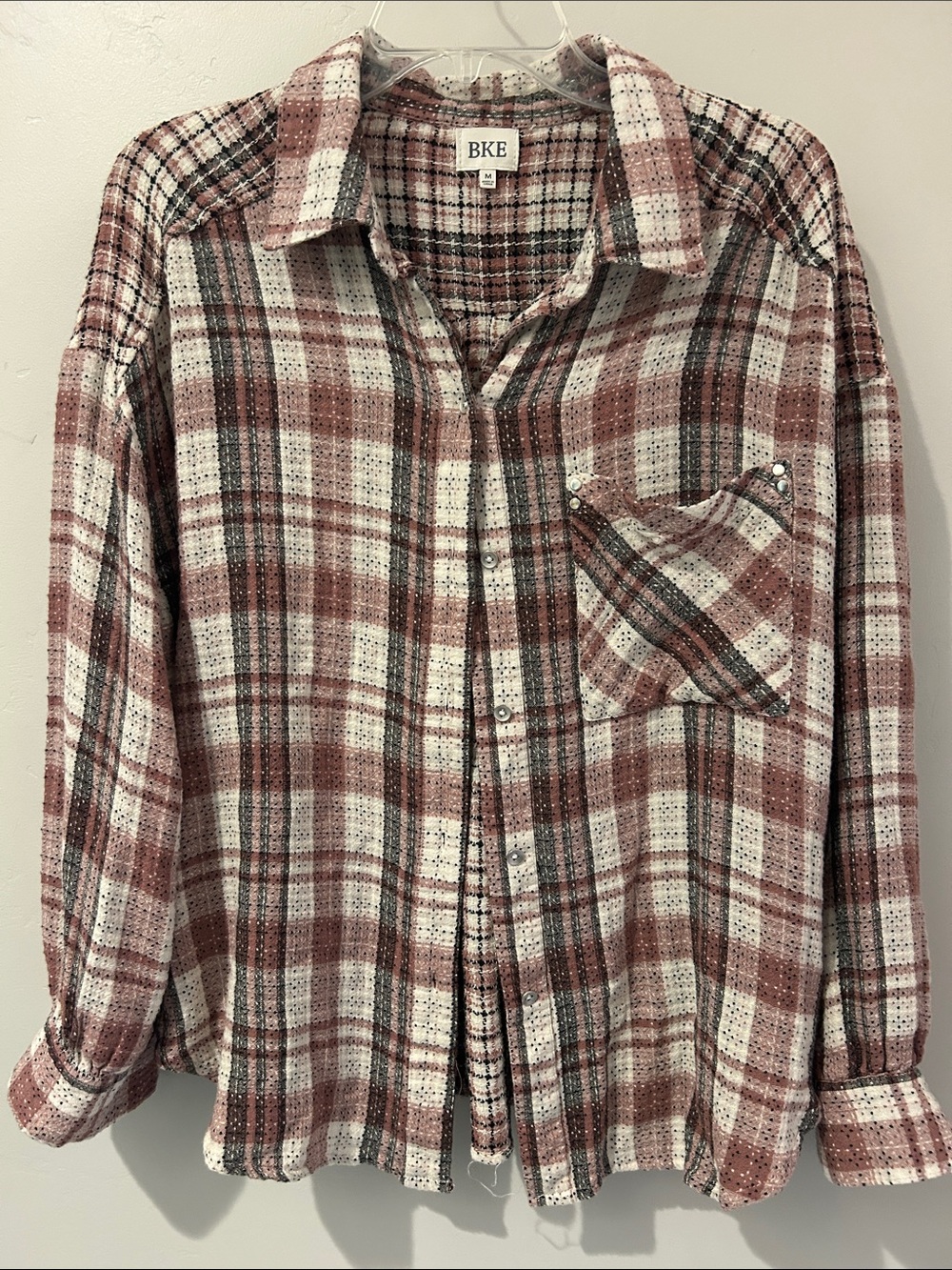 BKE Plaid Button-Up Shirt in Rose, Cream & Charcoal